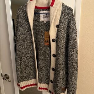 Roots Gray and White Cardigan Sweater Classic Knit